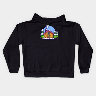 Snow Cabin in Winter Cartoon Kids Hoodie